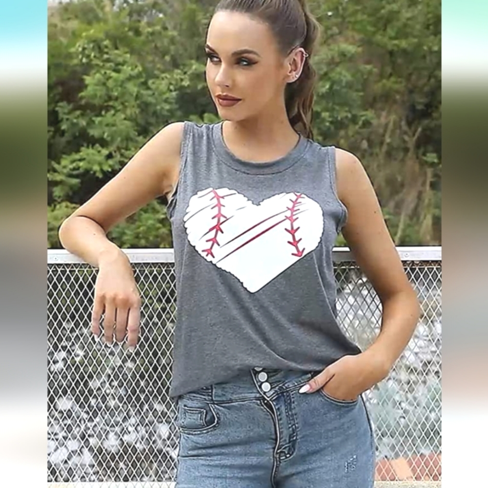 Dark Grey Sleeveless Heart Baseball Tank Top Shirt MLB Women's